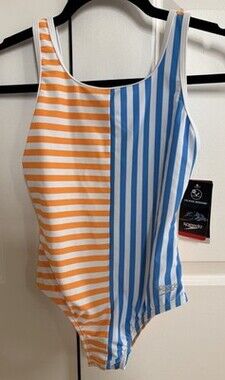 NWT Girls Speedo Swimsuit Bathing Suit Size 10 Orange and Blue Stripes UPF 50